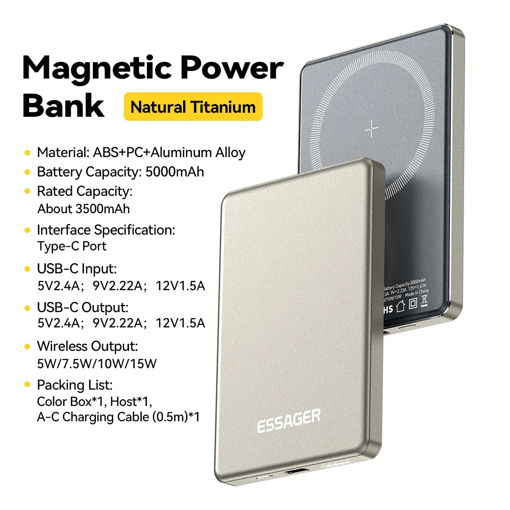Essager Cargadori nalámbrico fino magnético, 20W, 5000mAh, Magsafe para iPhone
