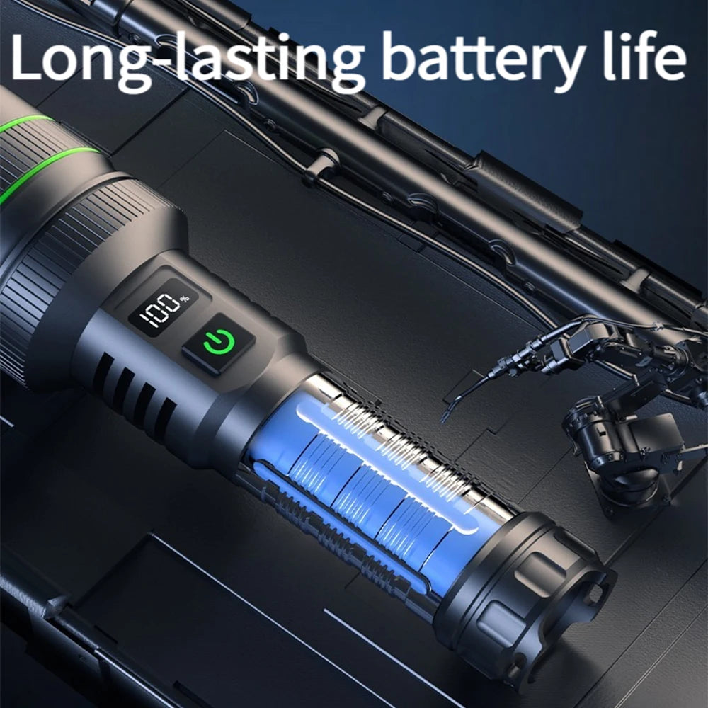 Linterna LED de alta potencia , lámpara de alcance súper larga y recargable por USB