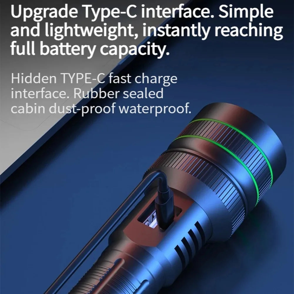 Linterna LED de alta potencia , lámpara de alcance súper larga y recargable por USB