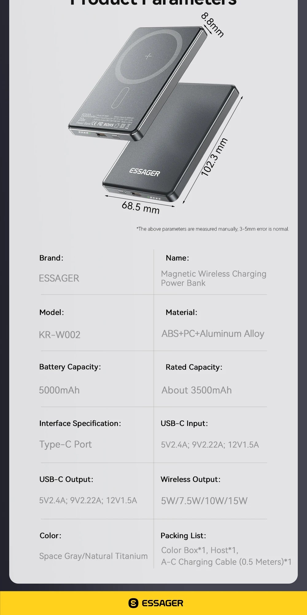 Essager Cargadori nalámbrico fino magnético, 20W, 5000mAh, Magsafe para iPhone