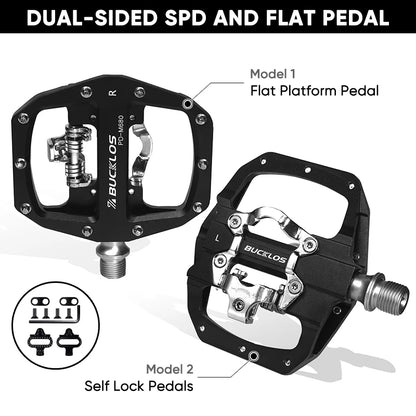 BUCKLOS Pedals MTB Bike Flat Pedal Platform Bearing Dual Function Fit SPD System Aluminum Alloy Mountain Bike Pedal Bicycle Part