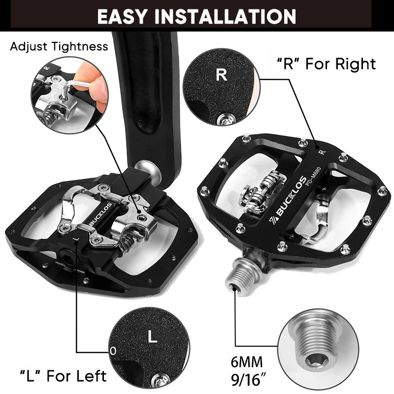 BUCKLOS Pedals MTB Bike Flat Pedal Platform Bearing Dual Function Fit SPD System Aluminum Alloy Mountain Bike Pedal Bicycle Part
