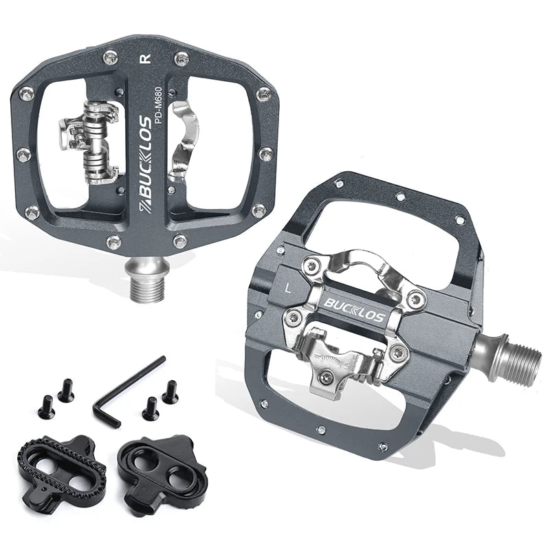 BUCKLOS Pedals MTB Bike Flat Pedal Platform Bearing Dual Function Fit SPD System Aluminum Alloy Mountain Bike Pedal Bicycle Part