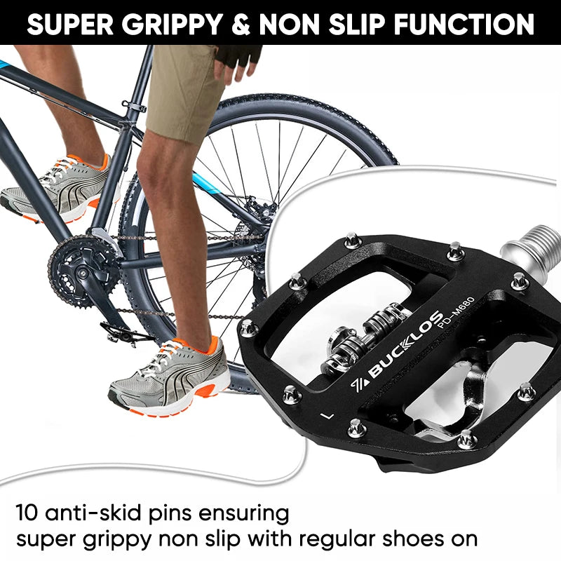 BUCKLOS Pedals MTB Bike Flat Pedal Platform Bearing Dual Function Fit SPD System Aluminum Alloy Mountain Bike Pedal Bicycle Part